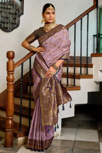 Lavender silk blend with woven saree with unstitched blouse piece