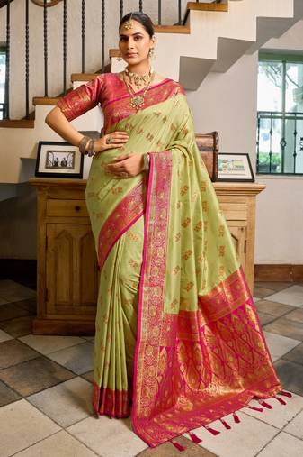 Pista pink soft silk blend with woven work designer party wear festive saree with unstitched blouse piece