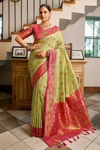 Pista pink silk blend with woven saree with unstitched blouse piece