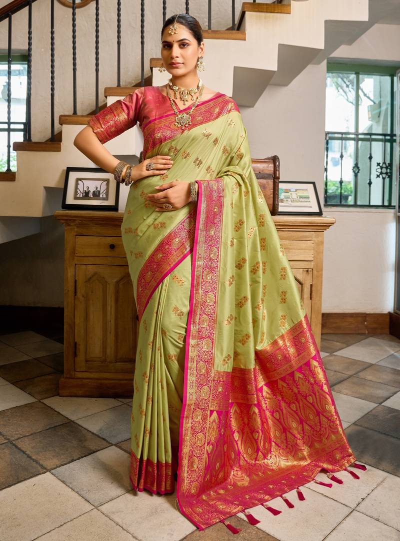 Pista pink soft silk blend with woven work designer party wear festive saree with unstitched blouse piece