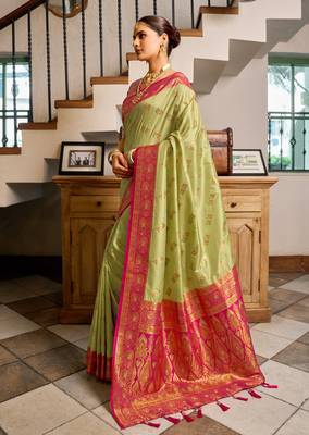 Pista pink silk blend with woven saree with unstitched blouse piece 2