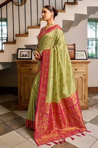 Pista pink silk blend with woven saree with unstitched blouse piece