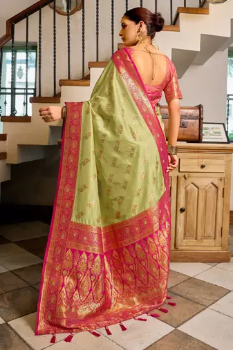 Pista pink silk blend with woven saree with unstitched blouse piece