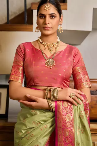 Pista pink silk blend with woven saree with unstitched blouse piece