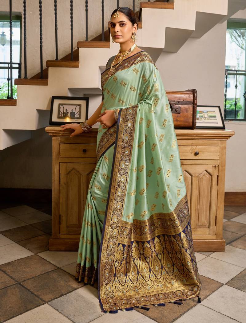 Sea green soft silk blend with woven work designer party wear festive saree with unstitched blouse piece