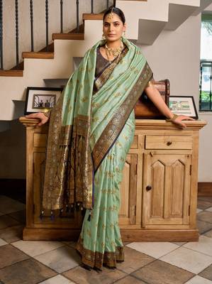 Sea green silk blend with woven saree with unstitched blouse piece 2
