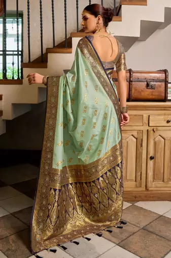 Sea green silk blend with woven saree with unstitched blouse piece