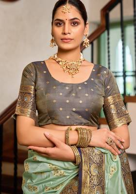 Sea green silk blend with woven saree with unstitched blouse piece 4