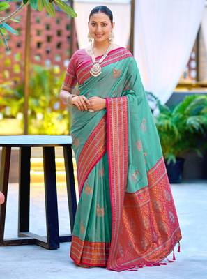 Teal blue silk blend with woven saree with unstitched blouse piece 1