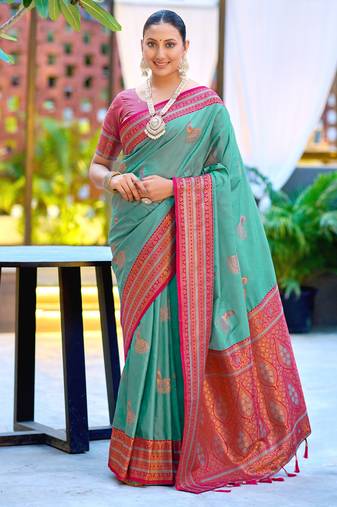 Teal blue silk blend with woven saree with unstitched blouse piece