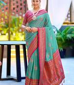 Teal blue silk blend with woven saree with unstitched blouse piece