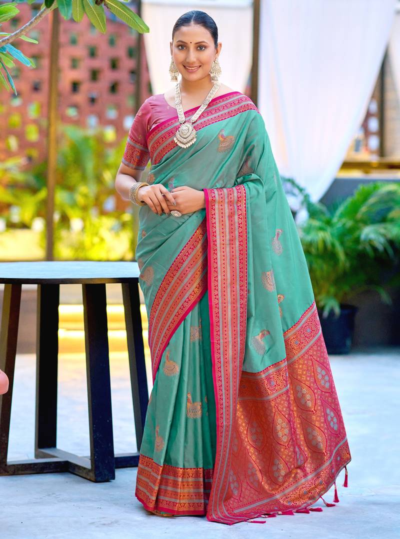 Teal blue soft silk blend with woven work designer party wear festive saree with unstitched blouse piece