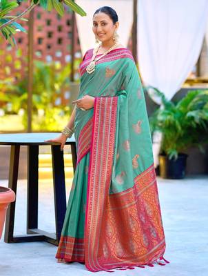 Teal blue silk blend with woven saree with unstitched blouse piece 2