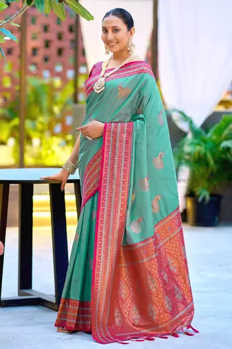 Teal blue silk blend with woven saree with unstitched blouse piece
