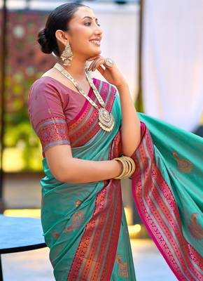 Teal blue silk blend with woven saree with unstitched blouse piece 3