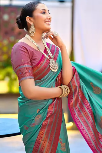 Teal blue silk blend with woven saree with unstitched blouse piece