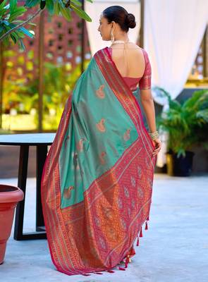 Teal blue silk blend with woven saree with unstitched blouse piece 4