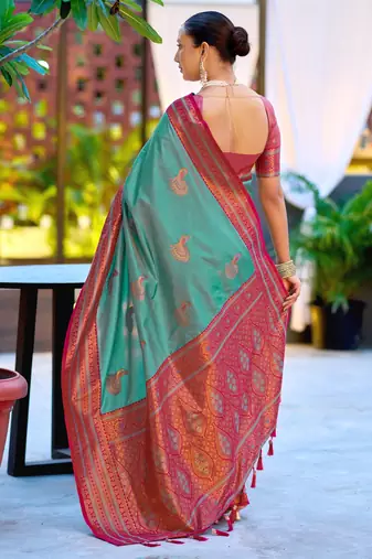 Teal blue silk blend with woven saree with unstitched blouse piece