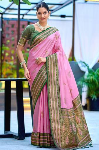 Pink green soft silk blend with woven work designer party wear festive saree with unstitched blouse piece