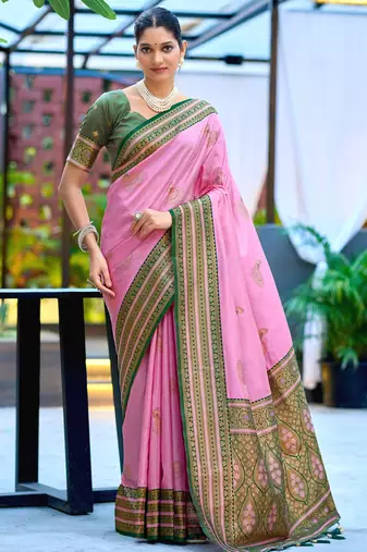 Pink green silk blend with woven saree with unstitched blouse piece