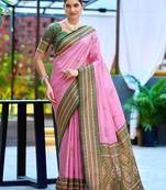 Pink green silk blend with woven saree with unstitched blouse piece