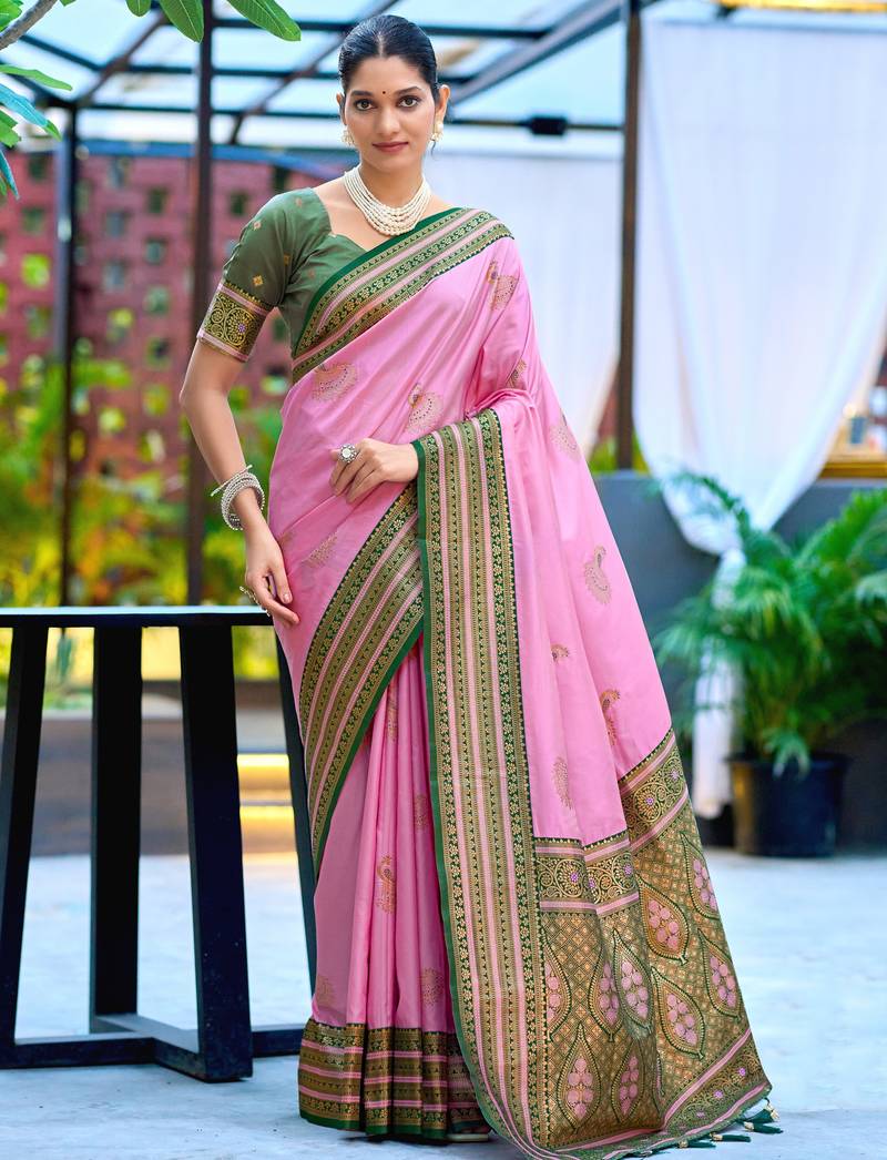 Pink green soft silk blend with woven work designer party wear festive saree with unstitched blouse piece