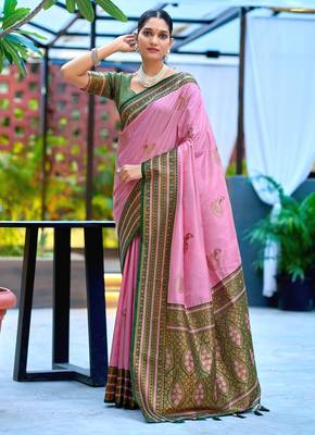 Pink green silk blend with woven saree with unstitched blouse piece 2