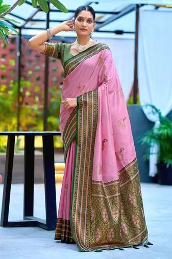 Pink green silk blend with woven saree with unstitched blouse piece