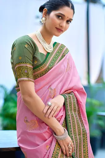 Pink green silk blend with woven saree with unstitched blouse piece