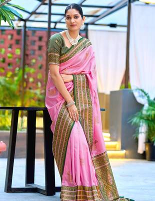 Pink green silk blend with woven saree with unstitched blouse piece 4