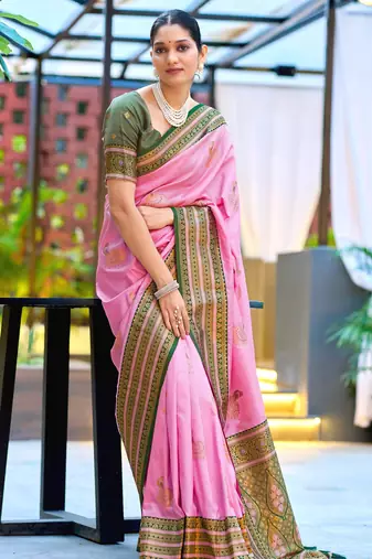 Pink green silk blend with woven saree with unstitched blouse piece