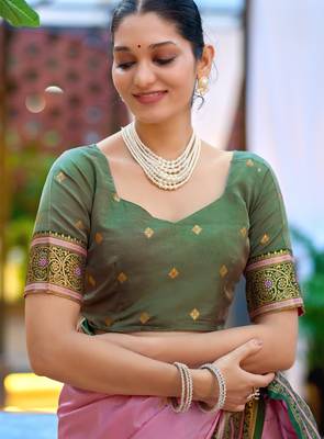 Pink green silk blend with woven saree with unstitched blouse piece 5