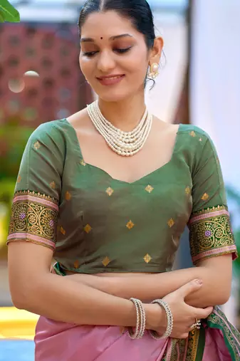 Pink green silk blend with woven saree with unstitched blouse piece