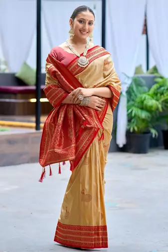 Cream red soft silk blend with woven work designer party wear festive saree with unstitched blouse piece