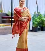 Cream red silk blend with woven saree with unstitched blouse piece