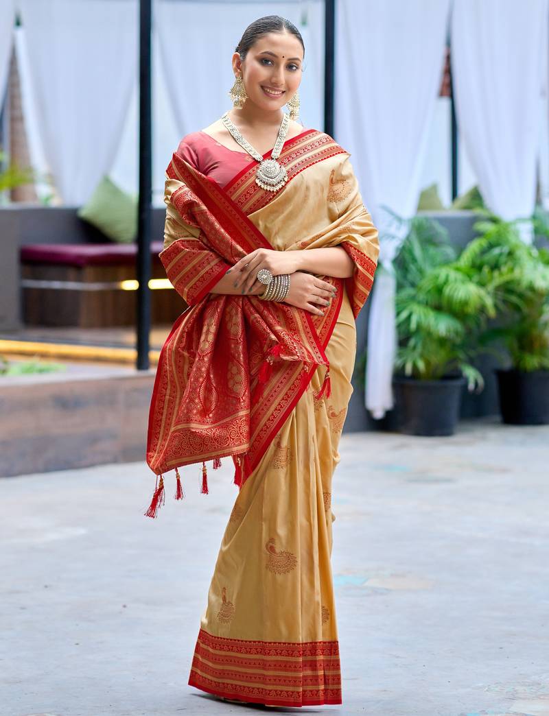 Cream red soft silk blend with woven work designer party wear festive saree with unstitched blouse piece