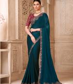 Teal satin georgette embroidered saree with unstitched blouse piece