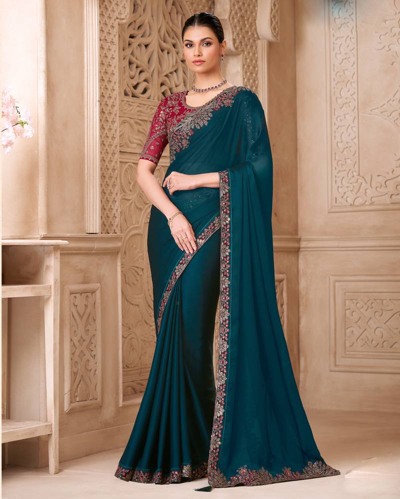 Teal satin georgette embroidered saree with unstitched blouse piece
