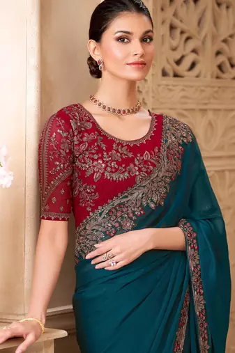 Teal satin georgette embroidered saree with unstitched blouse piece