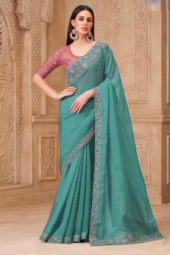 Sea green satin embroidered saree with unstitched blouse piece