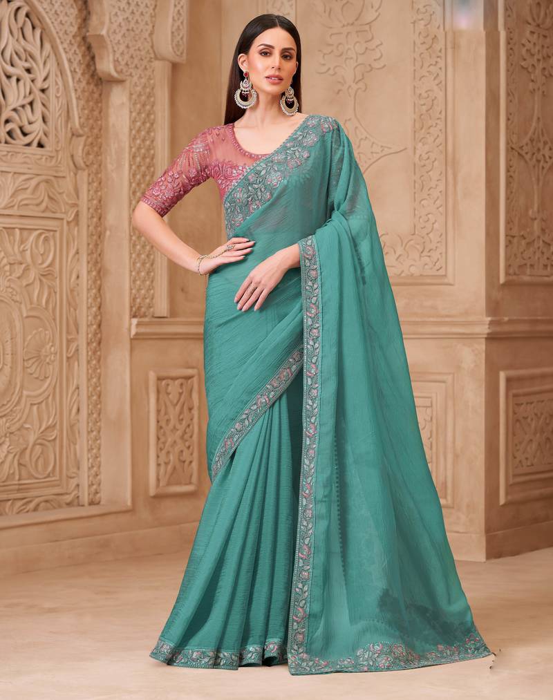 Sea green satin embroidered saree with unstitched blouse piece