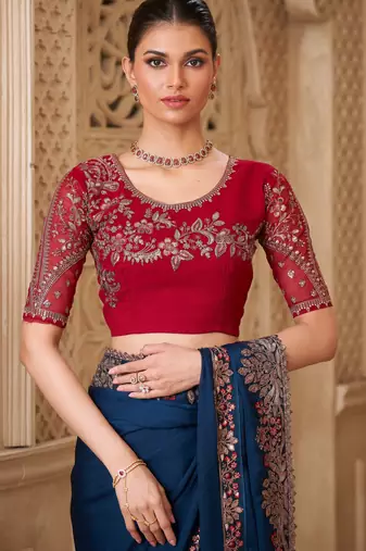 Teal satin georgette embroidered saree with unstitched blouse piece