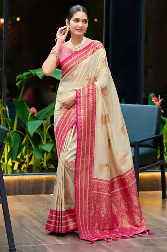 Off white pink pink silk blend with woven saree with unstitched blouse piece