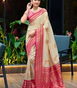Off white pink pink silk blend with woven saree with unstitched blouse piece