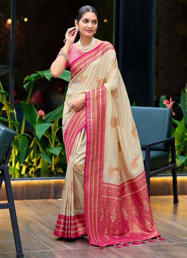 Off white pink pink soft silk blend with woven work designer party wear festive saree with unstitched blouse piece