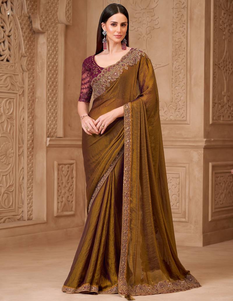 Mehendi satin georgette embroidered saree with unstitched blouse piece