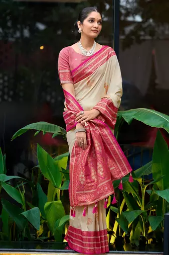 Off white pink pink silk blend with woven saree with unstitched blouse piece