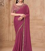 Onion pink georgette embroidered saree with unstitched blouse piece
