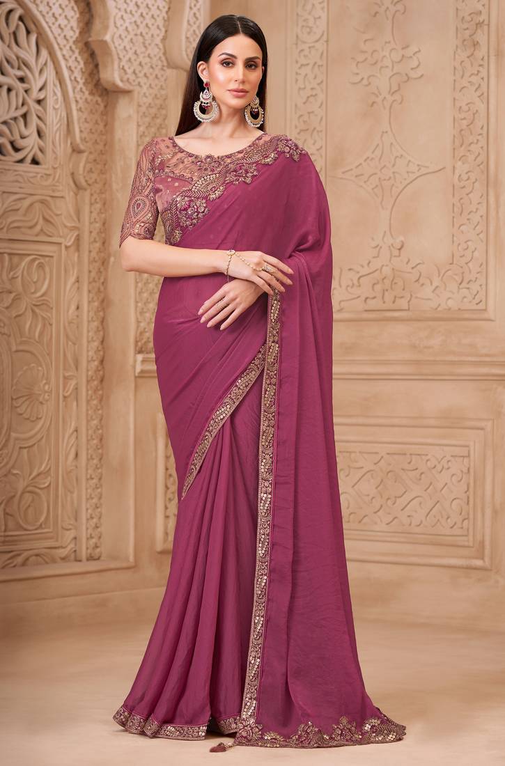 Onion pink georgette embroidered saree with unstitched blouse piece
