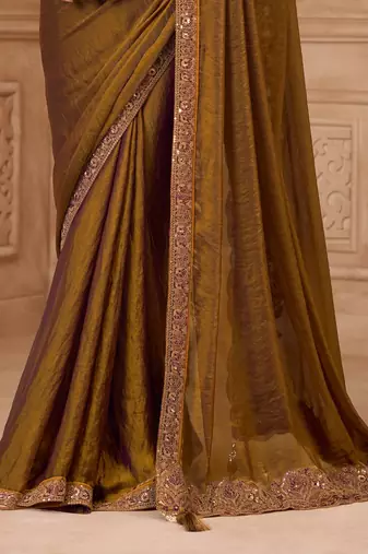 Mehendi satin georgette embroidered saree with unstitched blouse piece